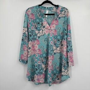 Dear Scarlett Tunic Shirt Womens 2X Blue Floral Roll Tab Liz Wrinkle Resistant